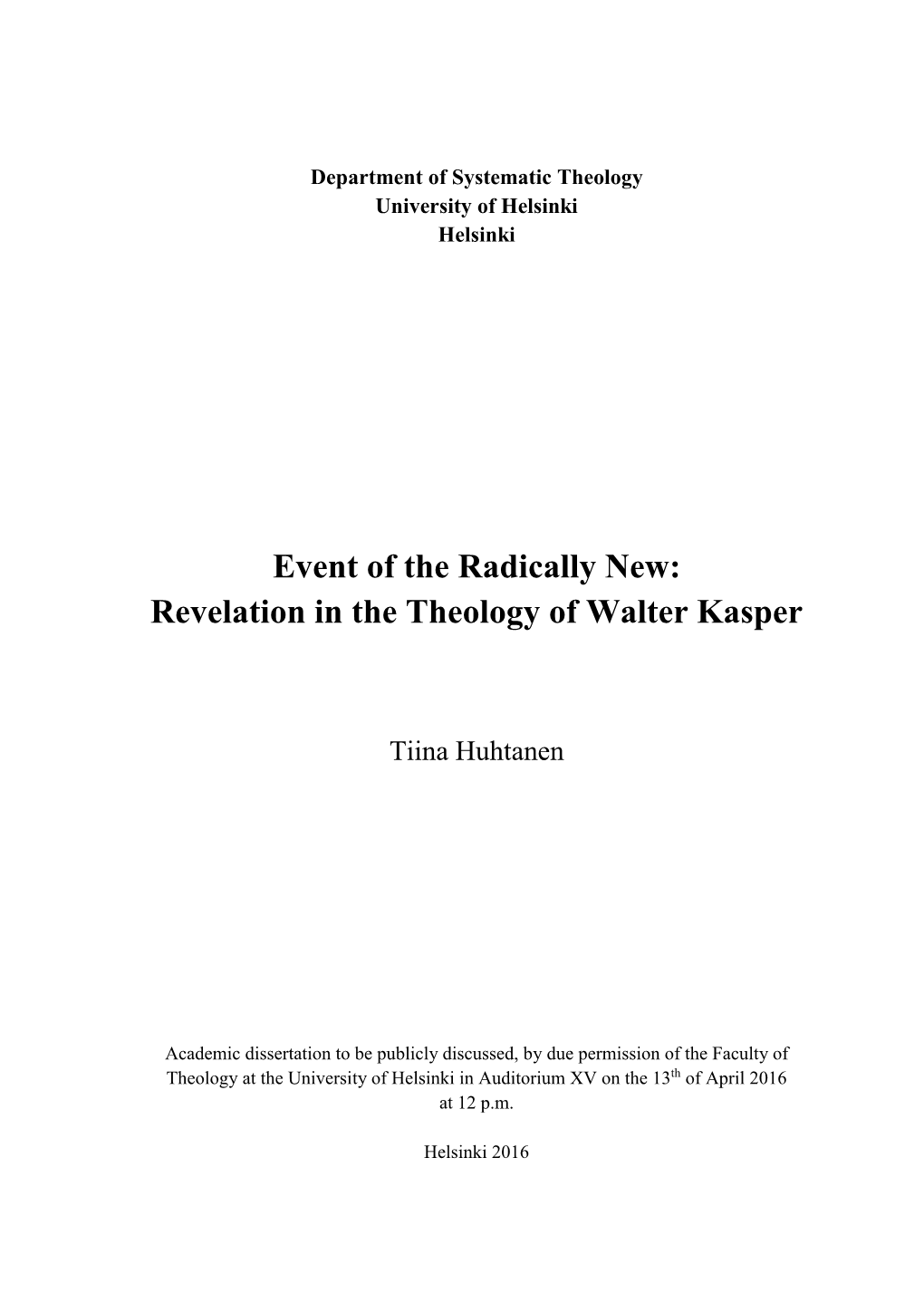 Revelation in the Theology of Walter Kasper