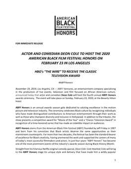 Actor and Comedian Deon Cole to Host the 2020 American Black Film Festival Honors on February 23 in Los Angeles