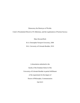 Carter's Presidential Directive-59, Habermas, and the Legitimation Of