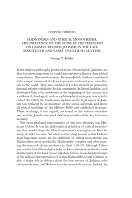 Maimonides and Ethical Monotheism: the Influence of the Guide of the Perplexed on German Reform Judaism in the Late Nineteenth and Early Twentieth Century