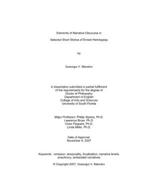 Elements of Narrative Discourse in Selected Short Stories of Ernest Hemingway by Gueorgui V. Manolov a Dissertation Submitted In