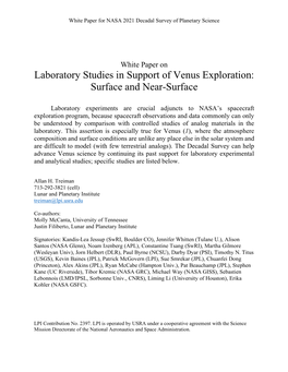 Laboratory Studies in Support of Venus Exploration: Surface and Near-Surface