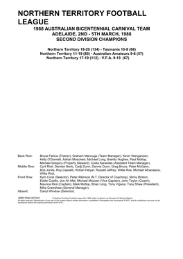 Northern Territory Football League 1988 Australian Bicentennial Carnival Team Adelaide, 2Nd - 5Th March, 1988 Second Division Champions