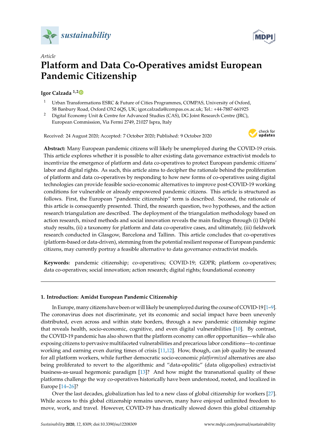 Platform and Data Co-Operatives Amidst European Pandemic Citizenship