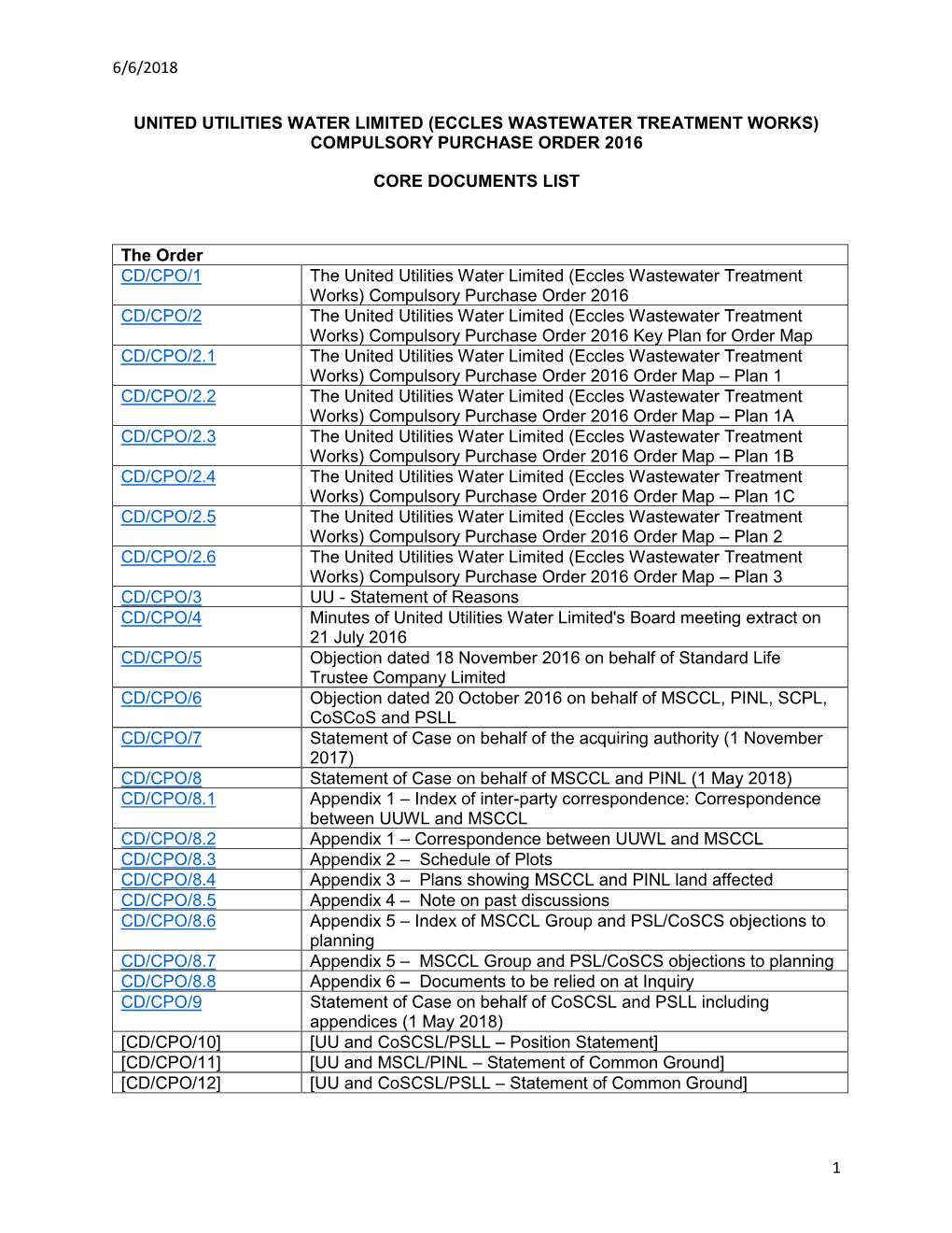 Compulsory Purchase Order 2016 Core Documents List