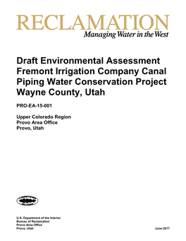 Environmental Assessment Fremont Irrigation Company Canal Piping Water Conservation Project Wayne County, Utah