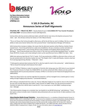 V 101.9 Charlotte, NC Announces Series of Staff Alignments
