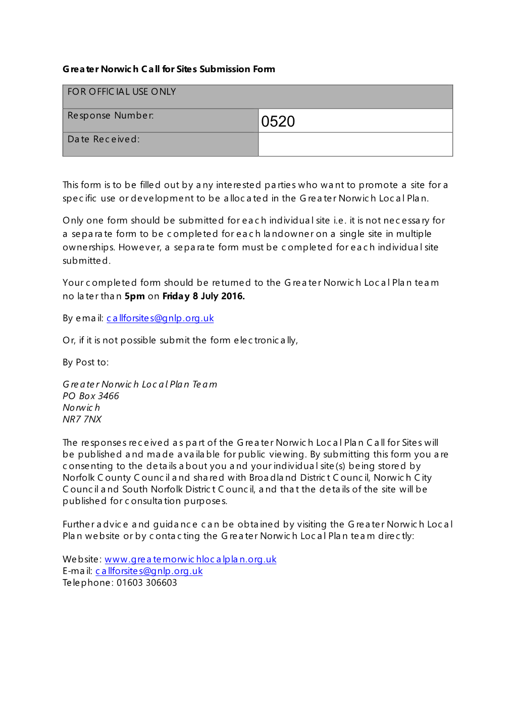 Greater Norwich Call for Sites Submission Form for OFFICIAL