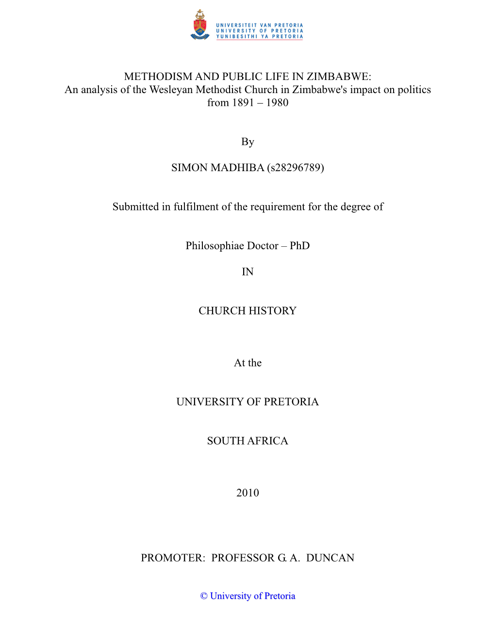 An Analysis of the Wesleyan Methodist Church in Zimbabwe's Impact on Politics from 1891 – 1980