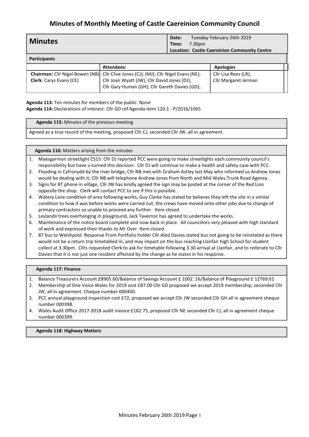 Minutes of Monthly Meeting of Castle Caereinion Community Council