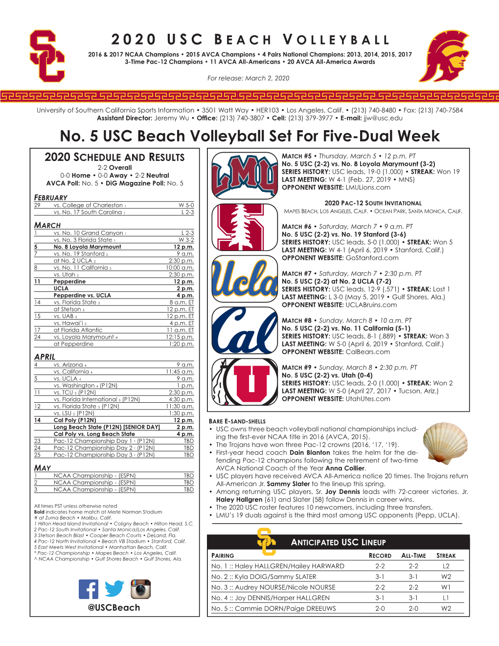 No. 5 USC Beach Volleyball Set for Five-Dual Week 2020 Schedule and Results Match #5 • Thursday, March 5 • 12 P.M