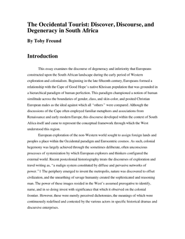 The Occidental Tourist: Discover, Discourse, and Degeneracy in South Africa