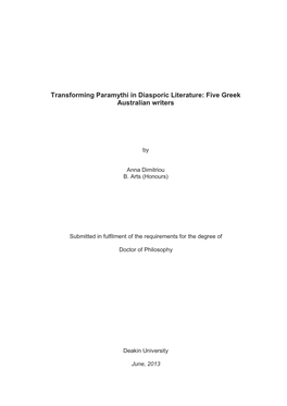Transforming Paramythi in Diasporic Literature: Five Greek Australian Writers