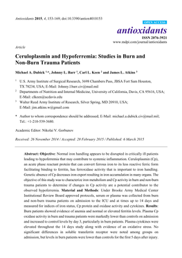 Ceruloplasmin and Hypoferremia: Studies in Burn and Non-Burn Trauma Patients