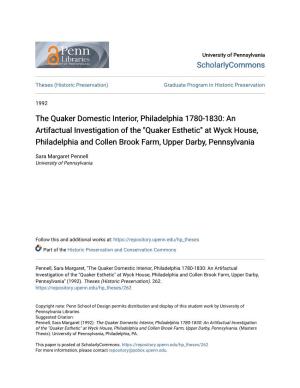 The Quaker Domestic Interior, Philadelphia 1780-1830: An
