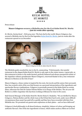Press Release Mauro Colagreco Secures a Michelin Star for the K At
