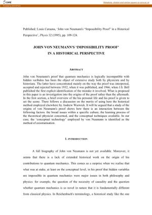 John Von Neumann's “Impossibility Proof” in a Historical Perspective’, Physis 32 (1995), Pp