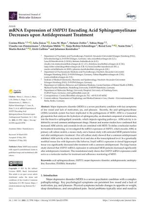 Mrna Expression of SMPD1 Encoding Acid Sphingomyelinase Decreases Upon Antidepressant Treatment
