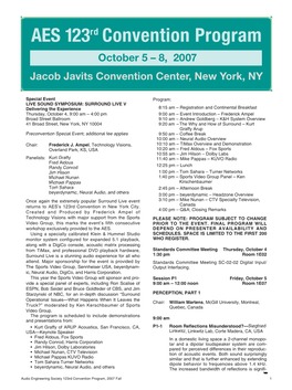 AES 123Rd Convention Program October 5 – 8, 2007 Jacob Javits Convention Center, New York, NY