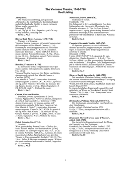 The Viennese Theatre, 1740-1790 Reel Listing