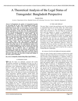 A Theoretical Analysis of the Legal Status of Transgender: Bangladesh Perspective