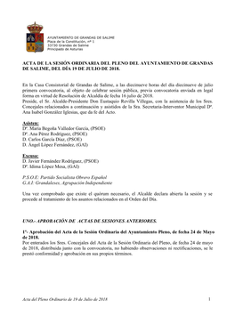 Acta De La Sesión Ordinaria Del Pleno Del Ayuntamiento De Grandas De Salime, Del Día 19 De Julio De 2018