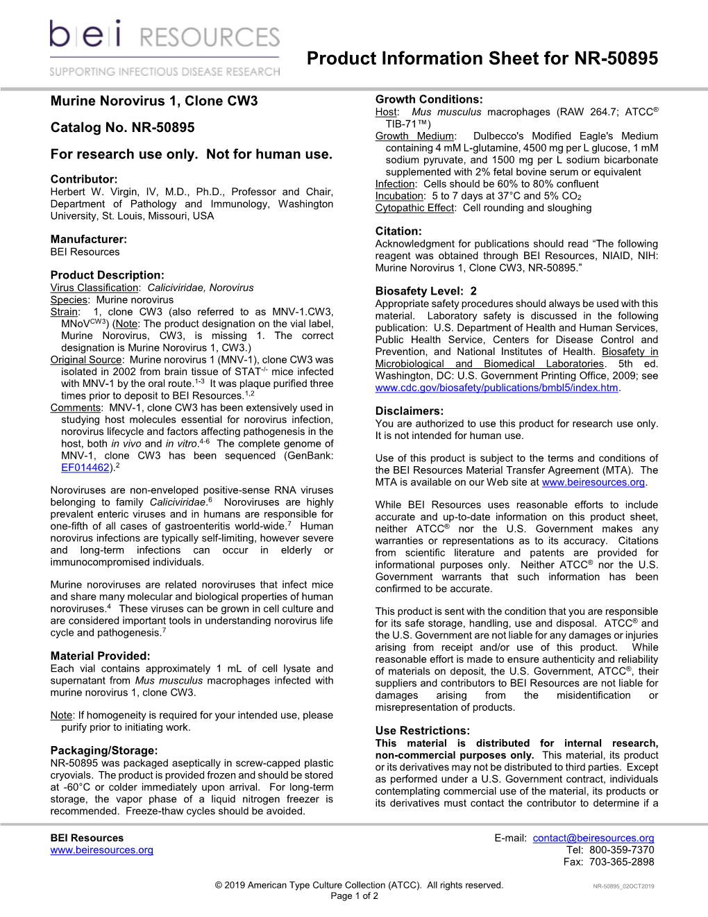 Product Information Sheet, NR-50895 Murine Norovirus 1, Clone