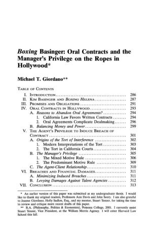 Boxing Basinger: Oral Contracts and the Manager's Privilege on the Ropes in Hollywood*