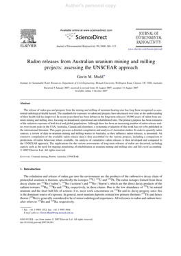 Radon Releases from Australian Uranium Mining and Milling Projects: Assessing the UNSCEAR Approach