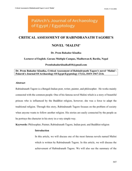 Critical Assessment of Rabindranath Tagore's Novel ‘Malini’ PJAEE, 17 (12) (2020)