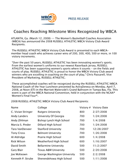 Coaches Reaching Milestone Wins Recognized by WBCA 2007-08 031208