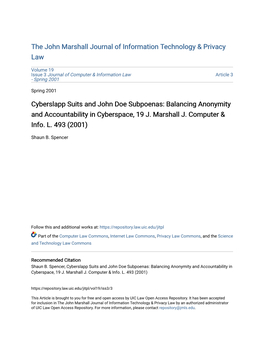 Cyberslapp Suits and John Doe Subpoenas: Balancing Anonymity and Accountability in Cyberspace, 19 J