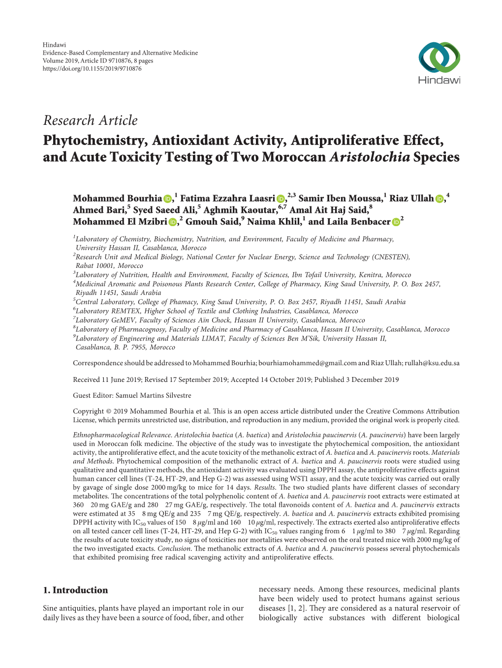 Phytochemistry, Antioxidant Activity, Antiproliferative Effect, and Acute Toxicity Testing of Two Moroccan Aristolochia Species