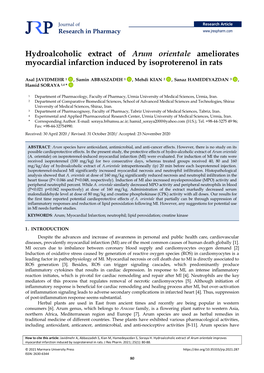 Hydroalcoholic Extract of Arum Orientale Ameliorates Myocardial Infarction Induced by Isoproterenol in Rats