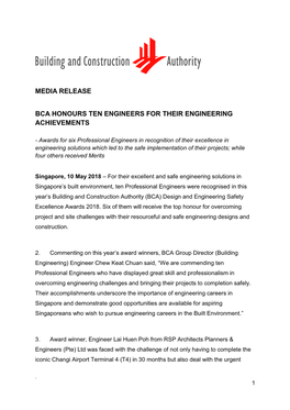 Media Release Bca Honours Ten Engineers for Their