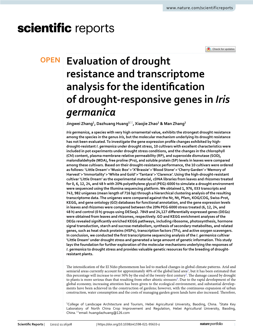 Evaluation of Drought Resistance and Transcriptome Analysis For