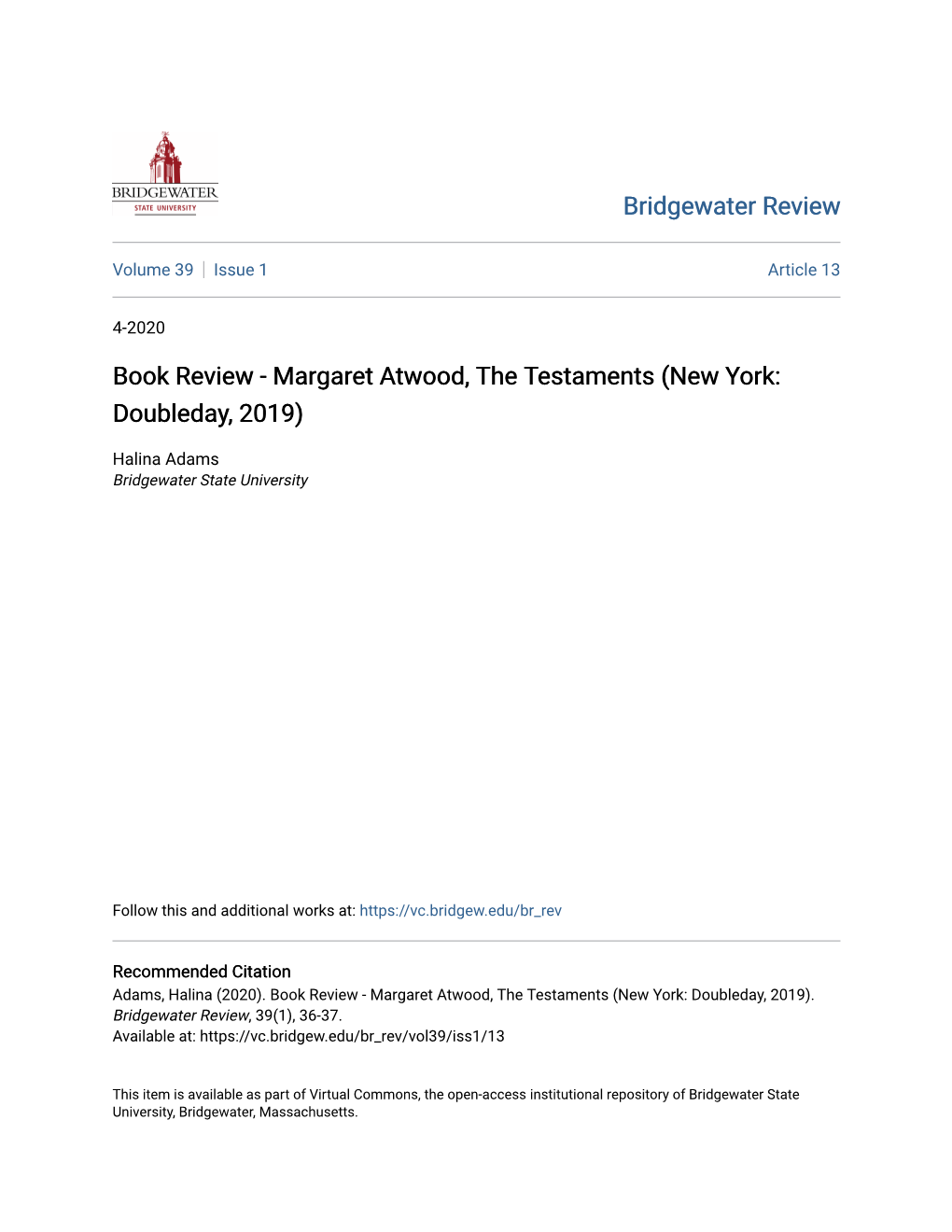 Book Review - Margaret Atwood, the Testaments (New York: Doubleday, 2019)