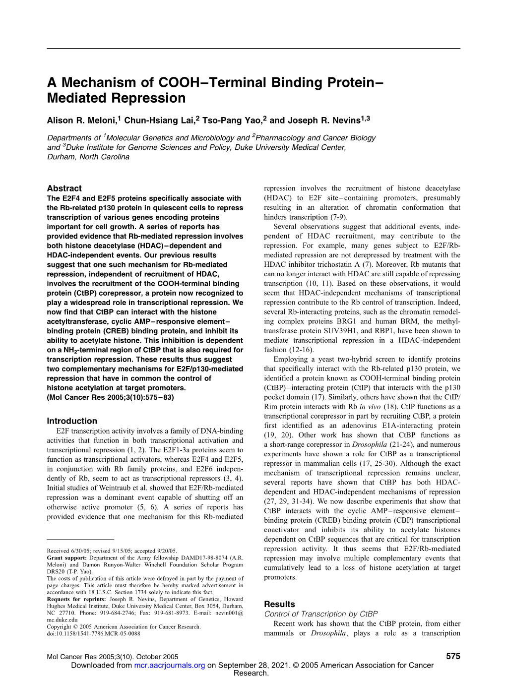 A Mechanism of COOH–Terminal Binding Protein– Mediated Repression