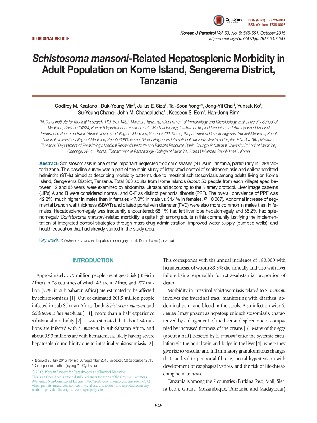 Schistosoma Mansoni-Related Hepatosplenic Morbidity in Adult Population on Kome Island, Sengerema District, Tanzania