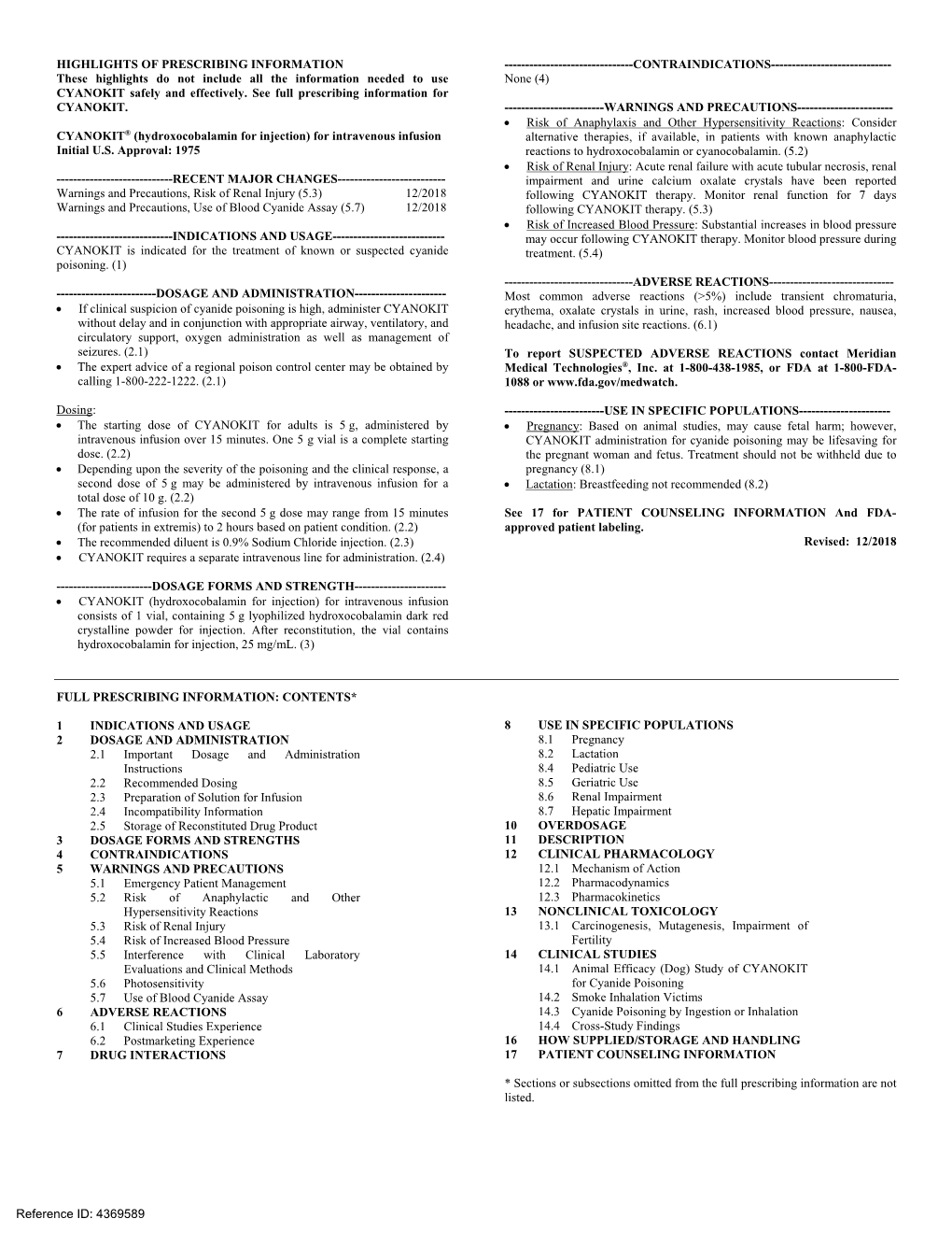 Hydroxocobalamin for Injection) for Intravenous Infusion Alternative Therapies, If Available, in Patients with Known Anaphylactic Initial U.S