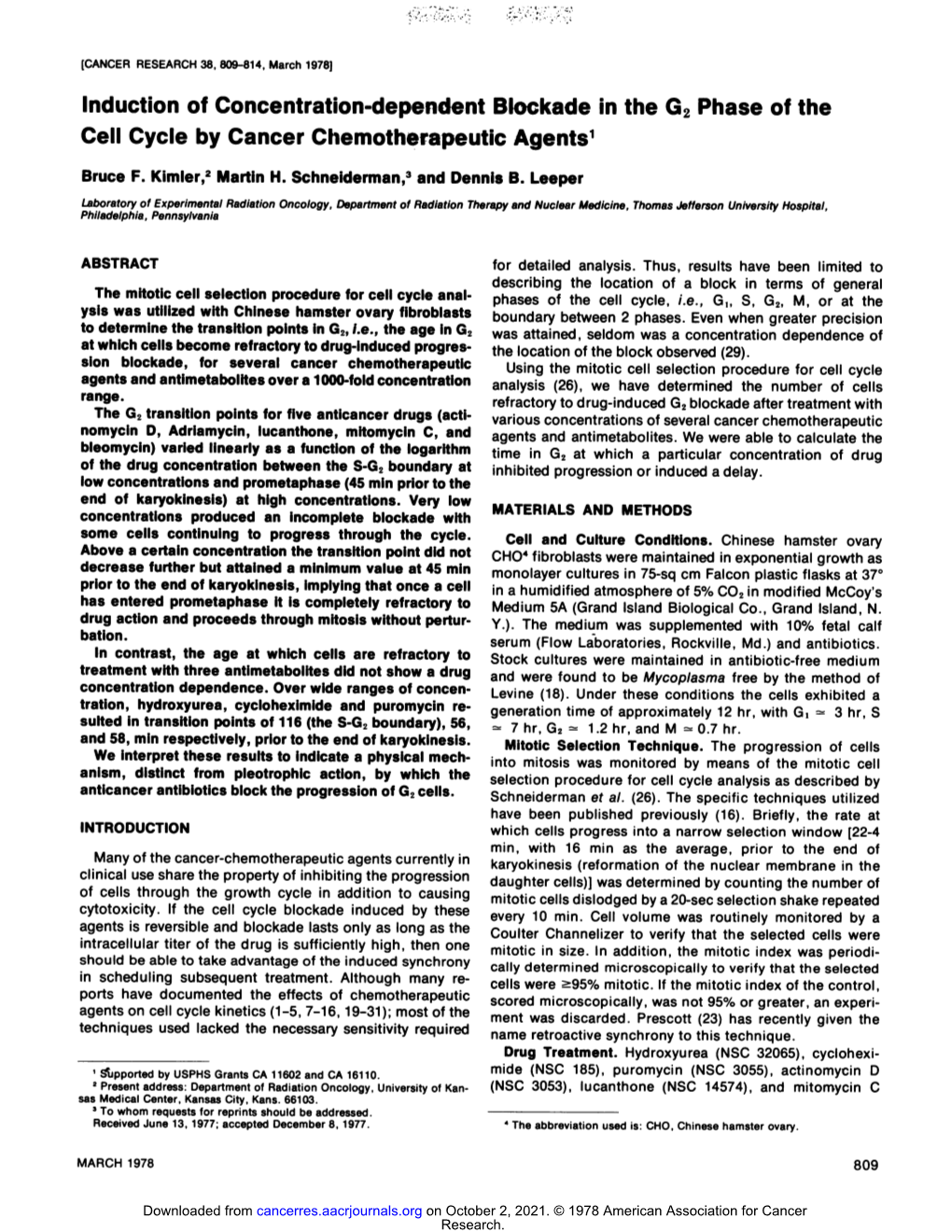 Induction of Concentration-Dependent Blockade in the G2 Phase of the Cell Cycle by Cancer Chemotherapeutic Agents1