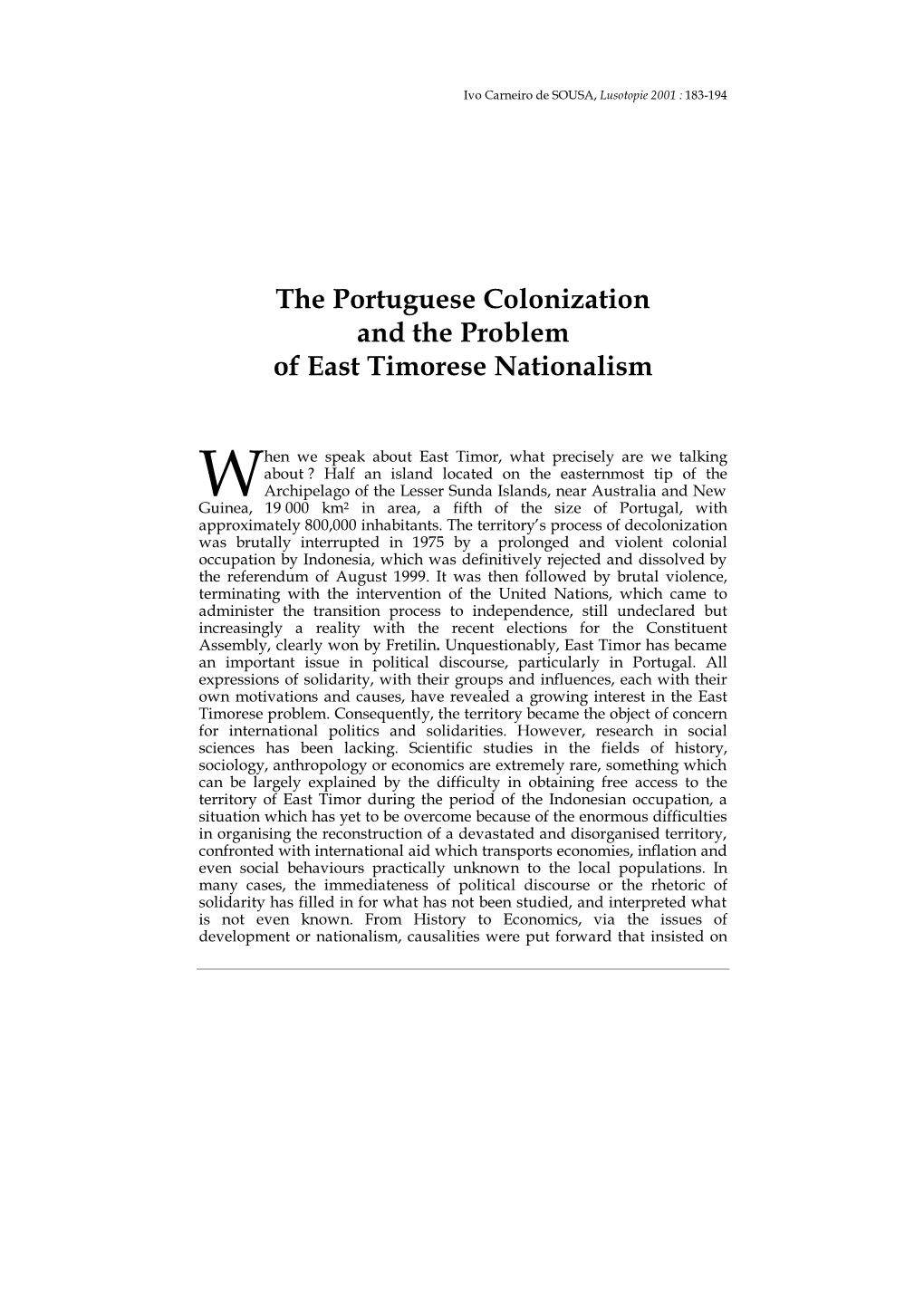 The Portuguese Colonization and the Problem of East Timorese Nationalism