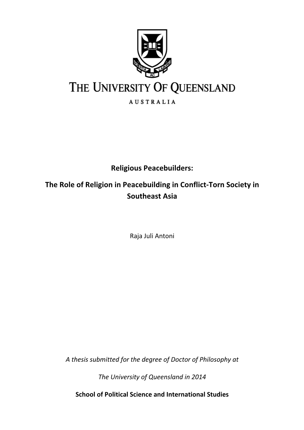 The Role of Religion in Peacebuilding in Conflict-Torn Society in Southeast Asia