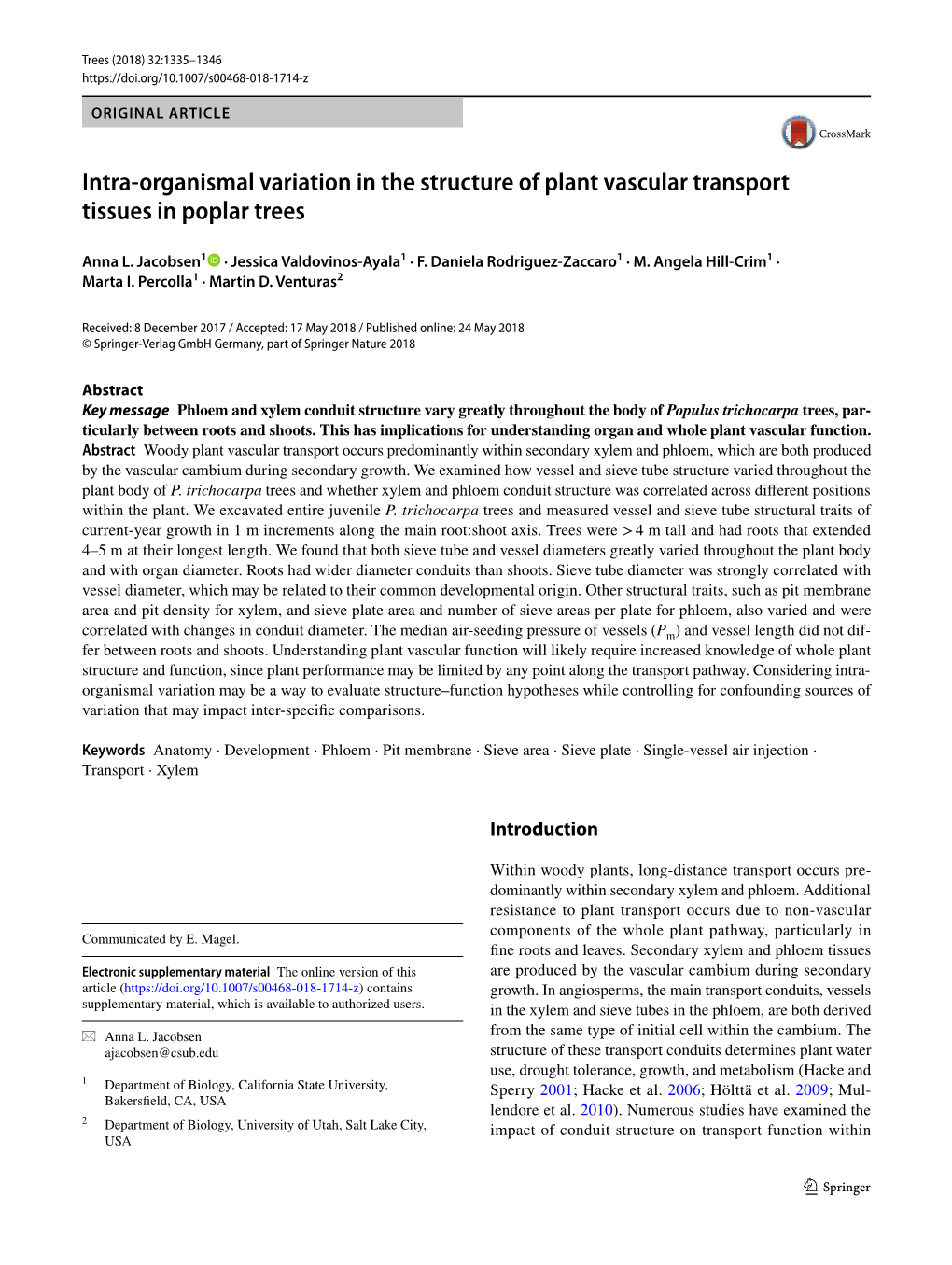 Intra-Organismal Variation in the Structure of Plant Vascular Transport Tissues in Poplar Trees