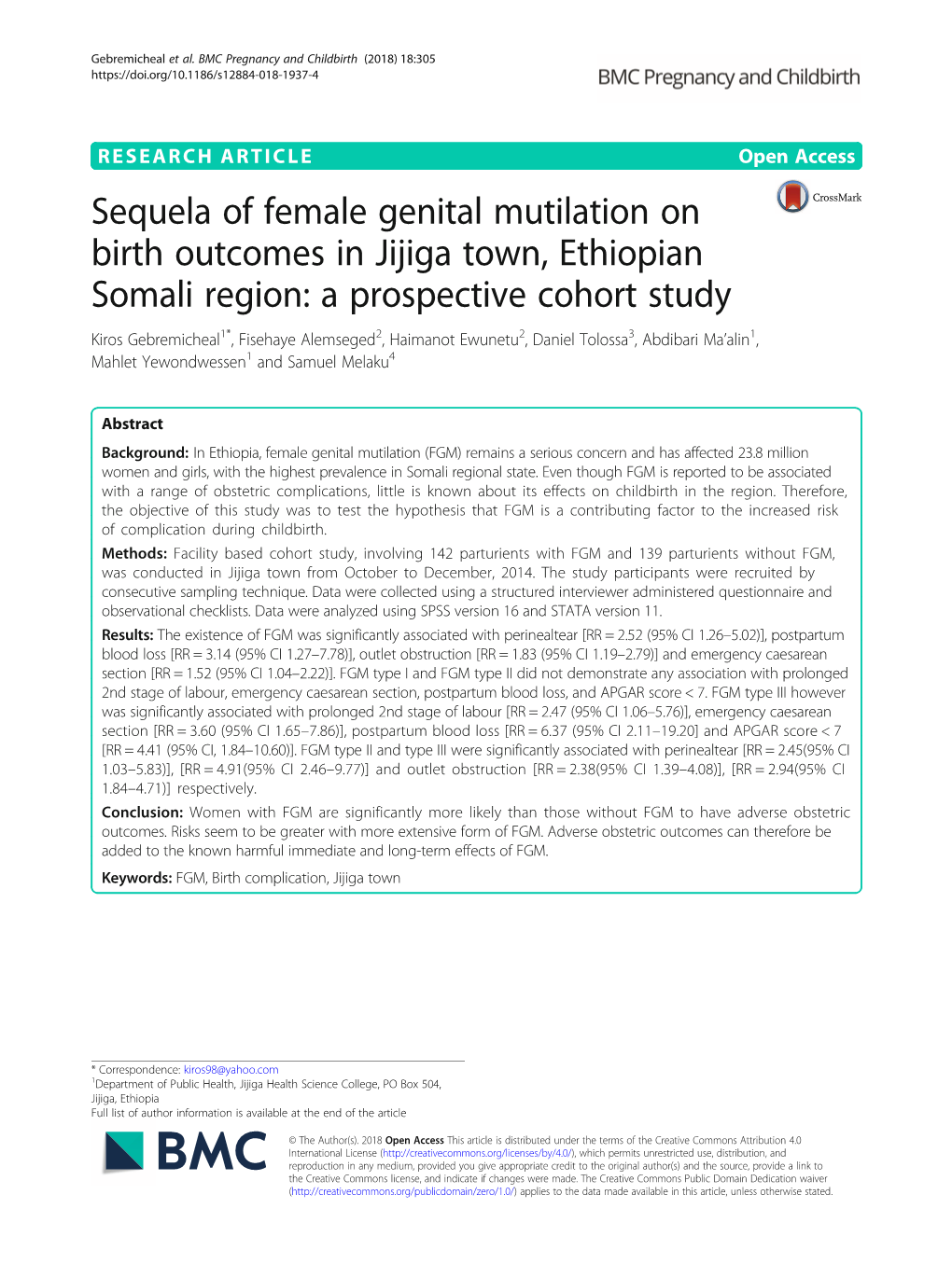 Sequela of Female Genital Mutilation on Birth Outcomes in Jijiga Town, Ethiopian Somali Region: a Prospective Cohort Study