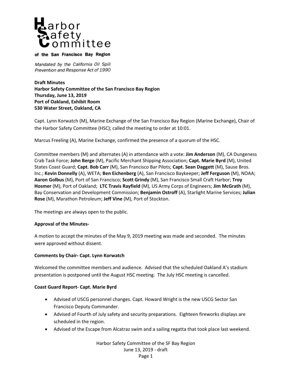 Harbor Safety Committee of the SF Bay Region June 13, 2019 - Draft Page 1