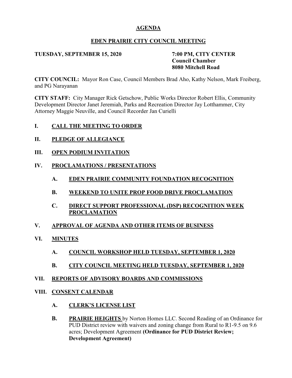 Agenda Eden Prairie City Council Meeting Tuesday