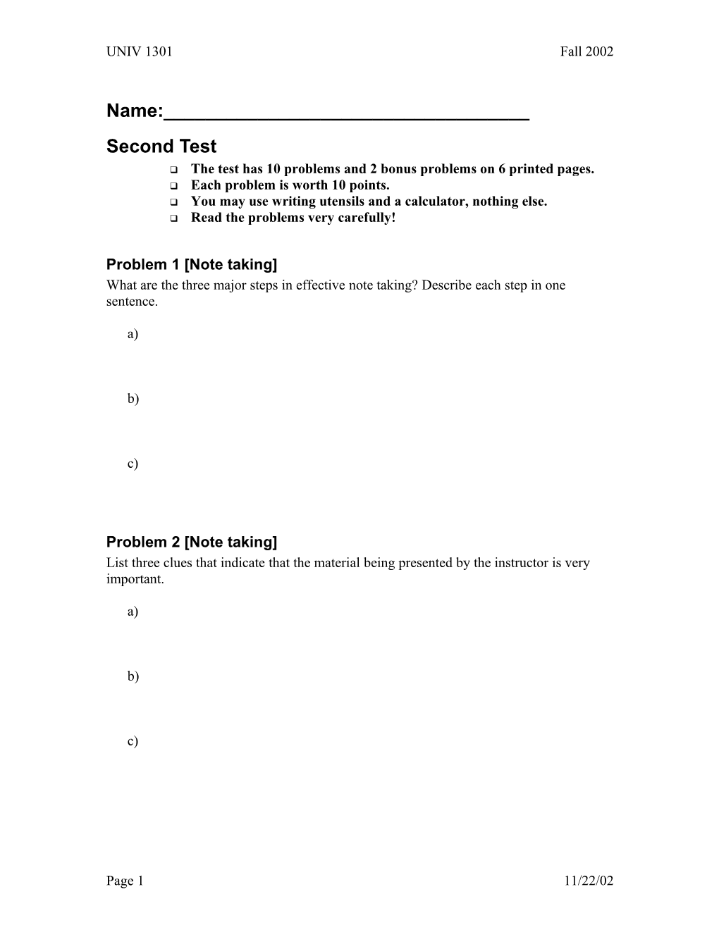 Q the Test Has 10 Problems and 2 Bonus Problems on 6 Printed Pages