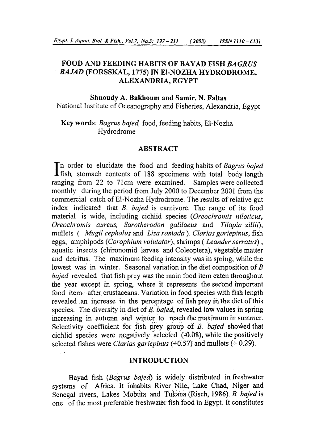 FOOD and FEEDING HABITS of BAY AD FISH BAGRUS BAJAD (FORSSKAL, 1775) in El-NOZHA HYDRODROME, ALEXANDRIA, EGYPT