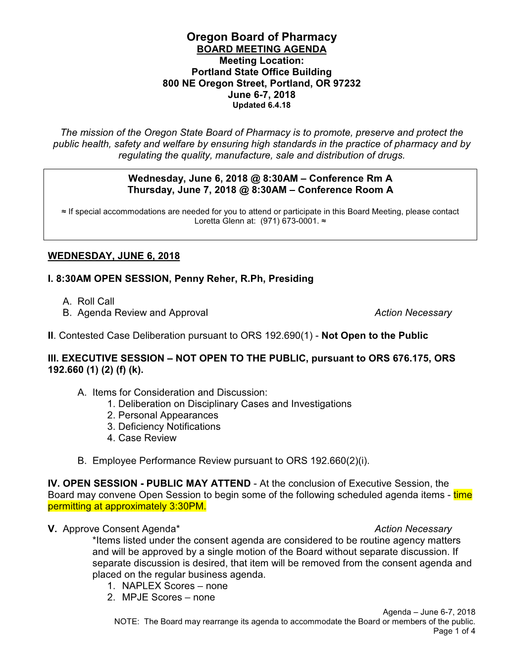 BOARD MEETING AGENDA Meeting Location: Portland State Office Building 800 NE Oregon Street, Portland, OR 97232 June 6-7, 2018 Updated 6.4.18